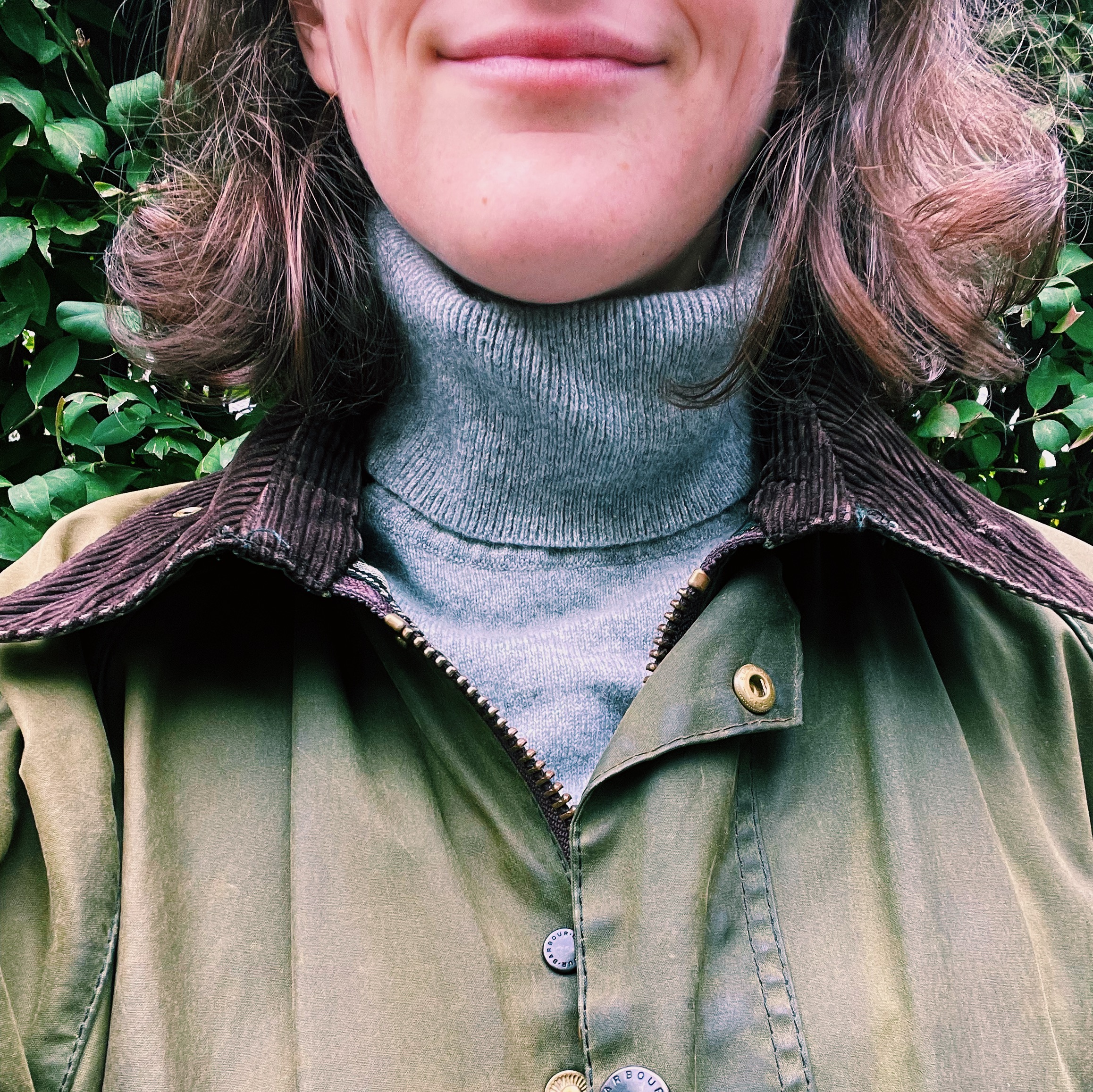 Barbour jacket, cashmere turtleneck